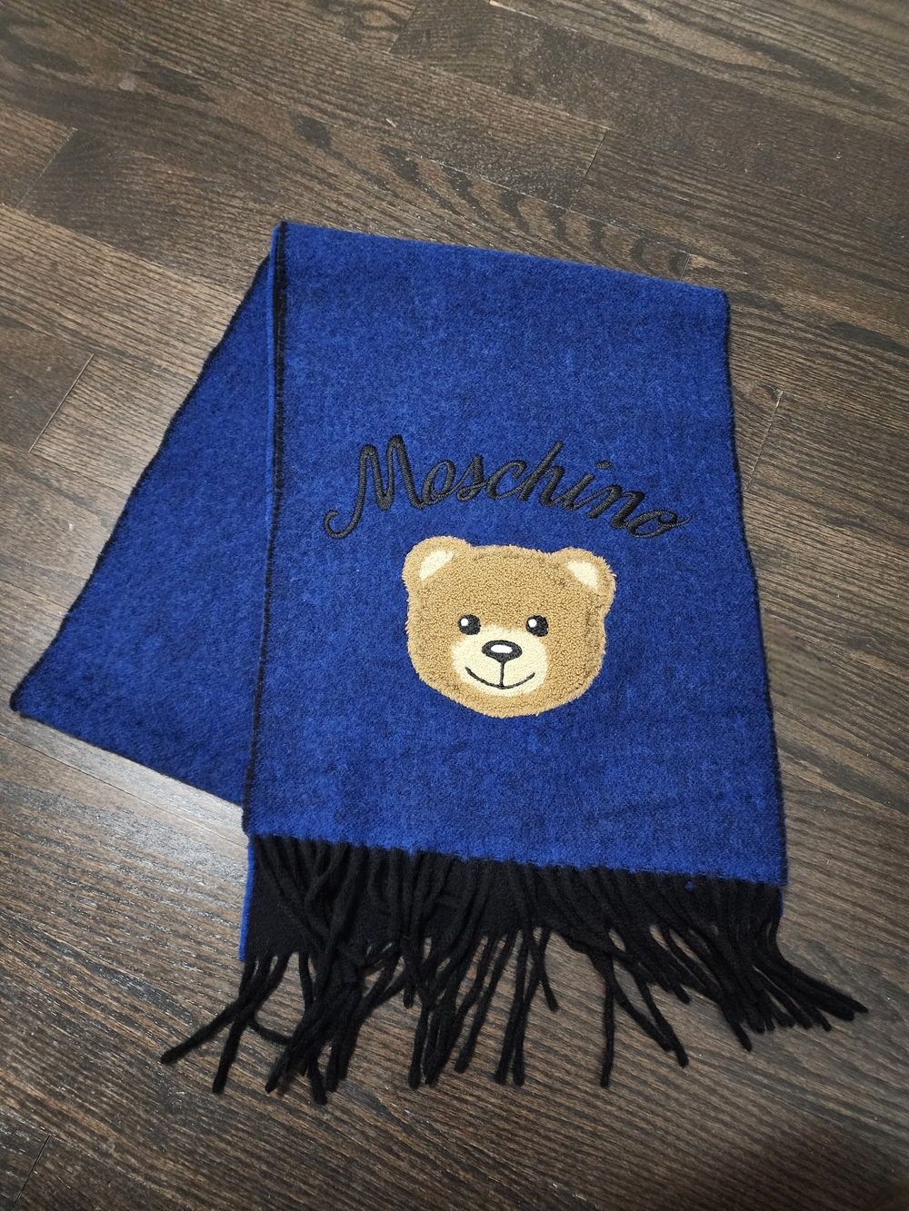 Moschino Royal Blue Bear Logo Scarf with Black Fringe